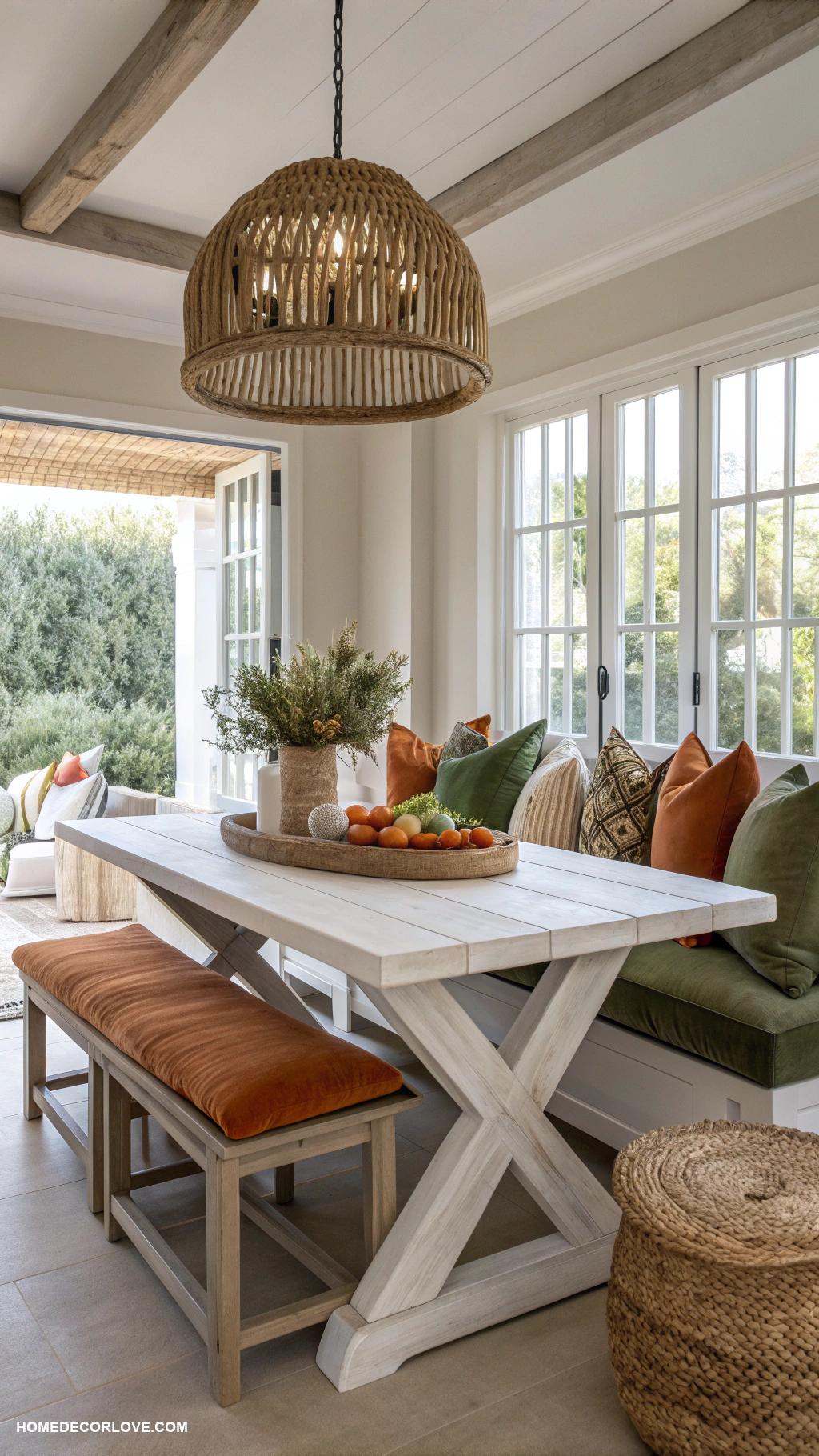 organic modern dining room Whitewashed wood table with earth tone cushions