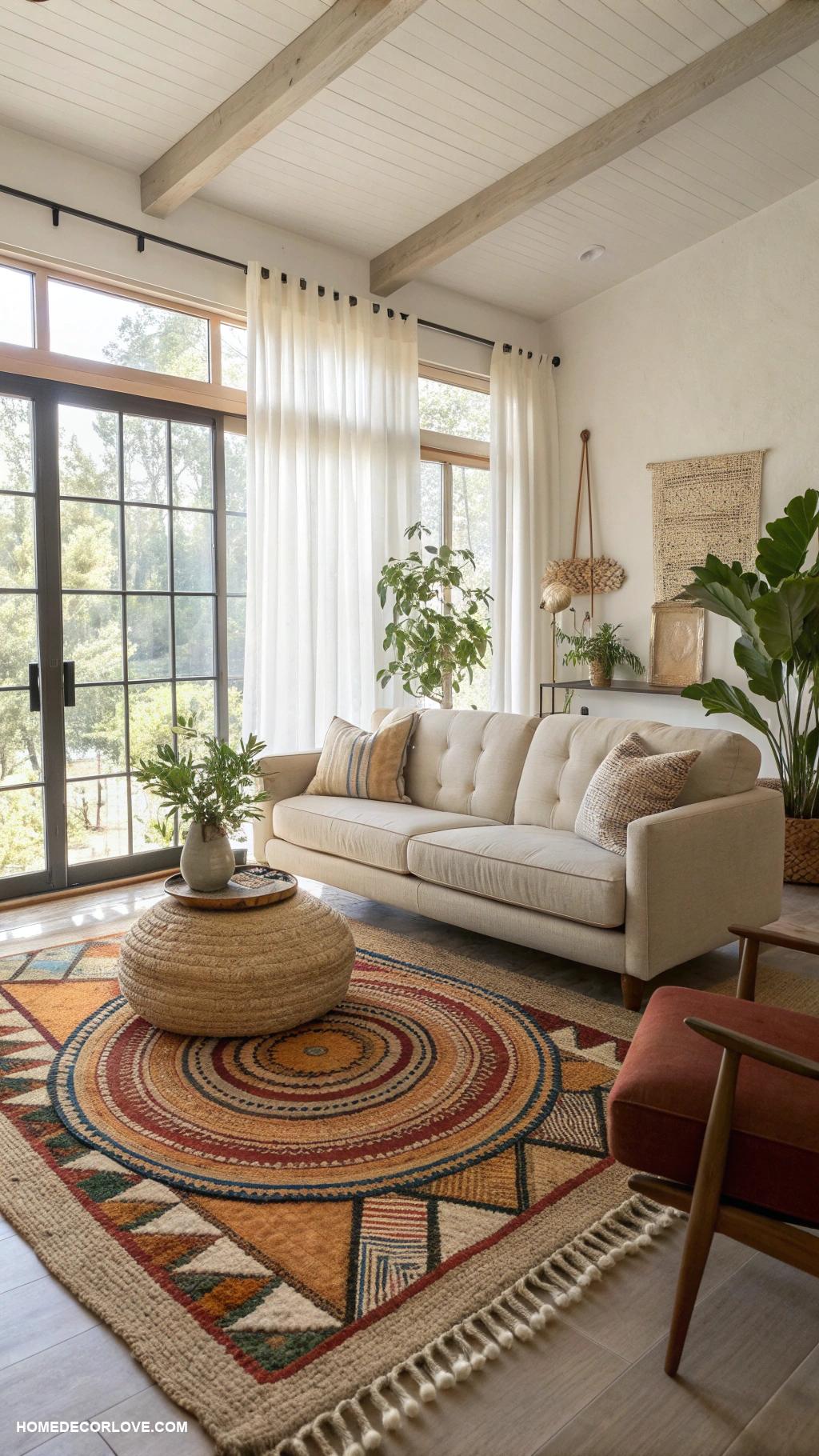 organic modern living room Layered rugs for added depth