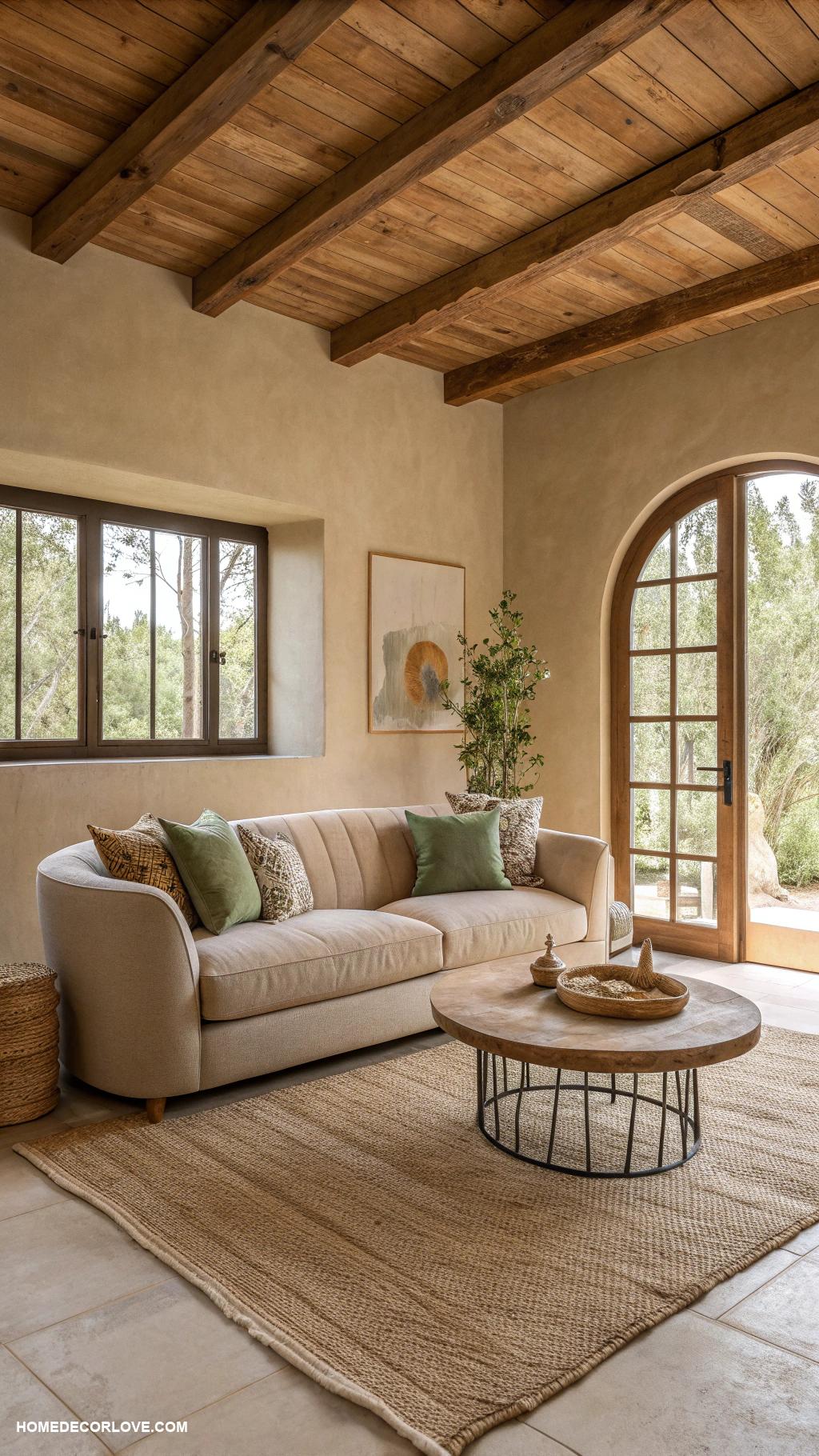 organic modern living room Muted color palette with earthy tones