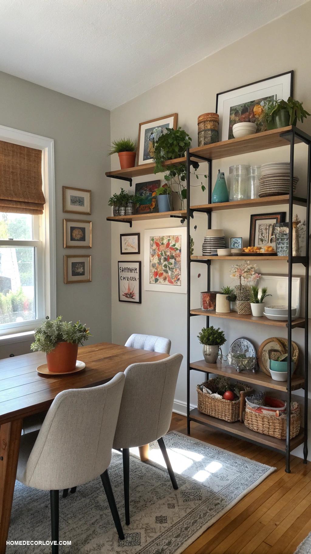 small dining room ideas Utilize vertical shelves for decoration and storage