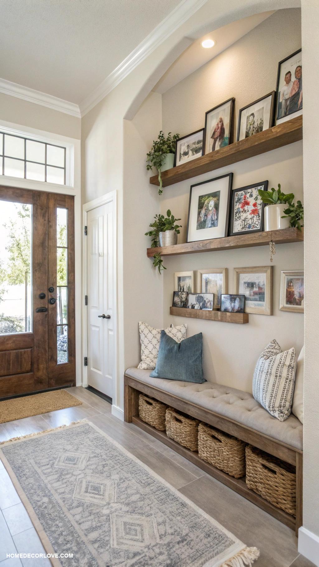 small foyer ideas entryway Display family photos on shelves