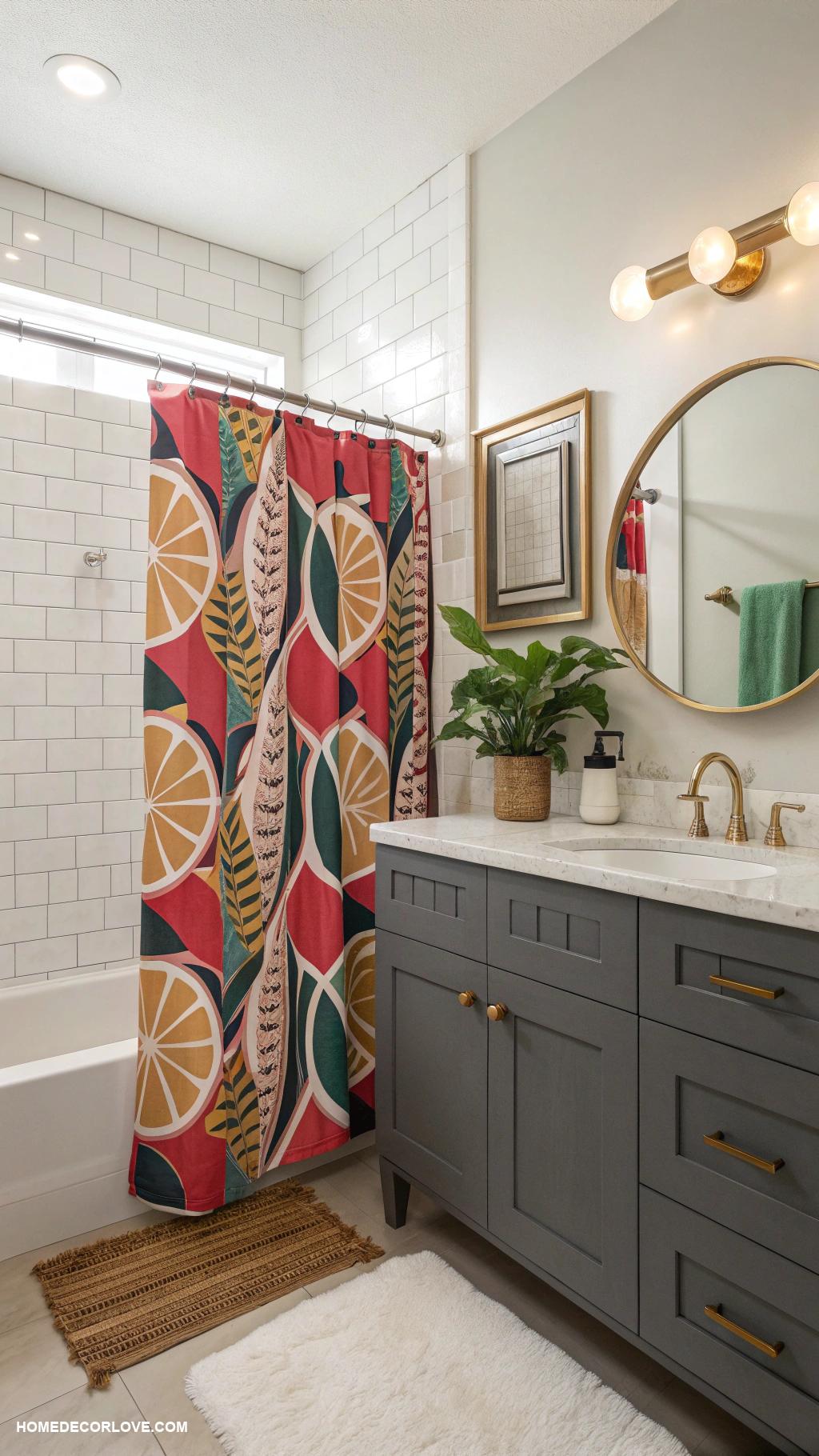 small full bathroom ideas Add a statement shower curtain