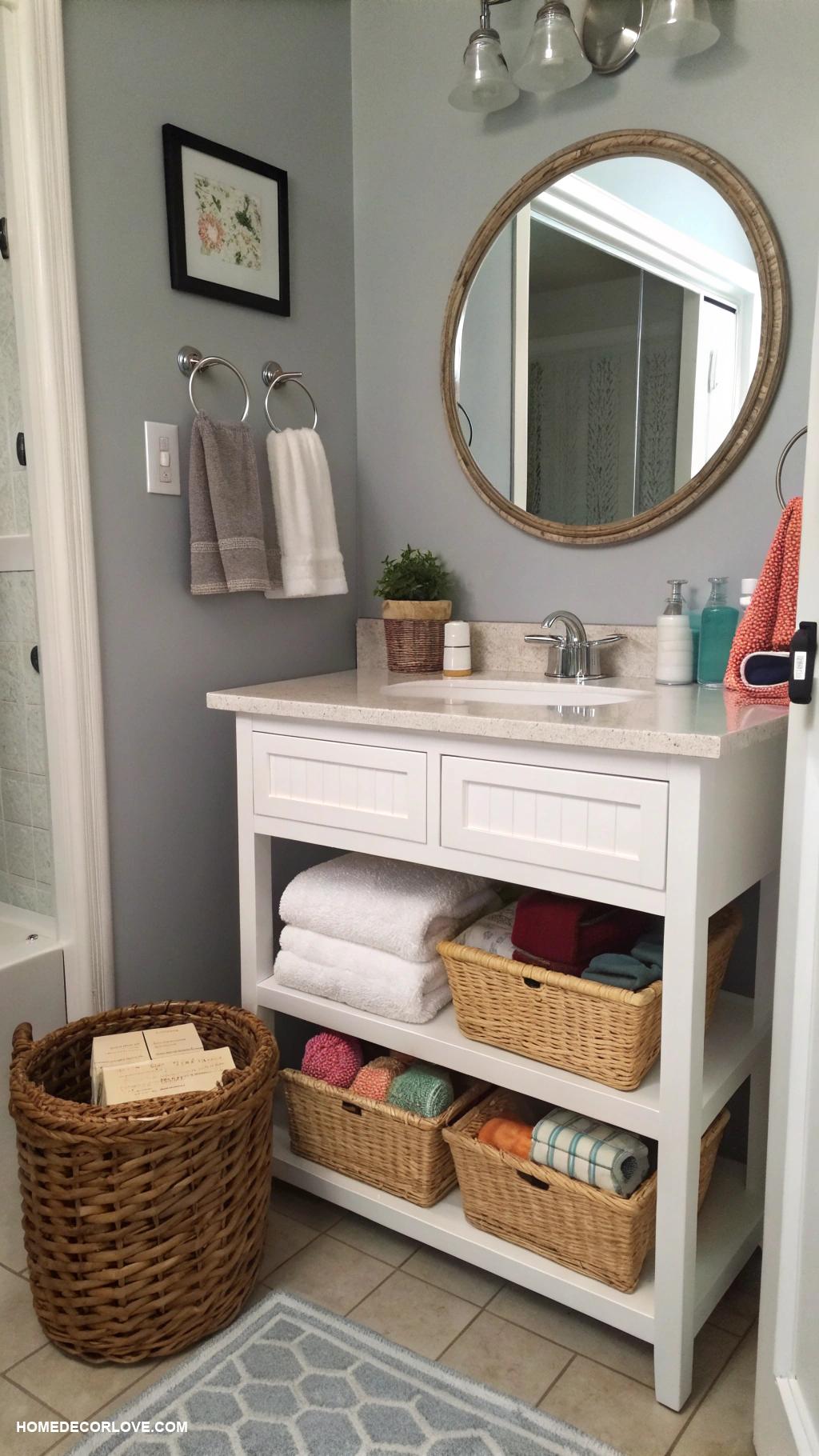 small full bathroom ideas Use decorative baskets for organization