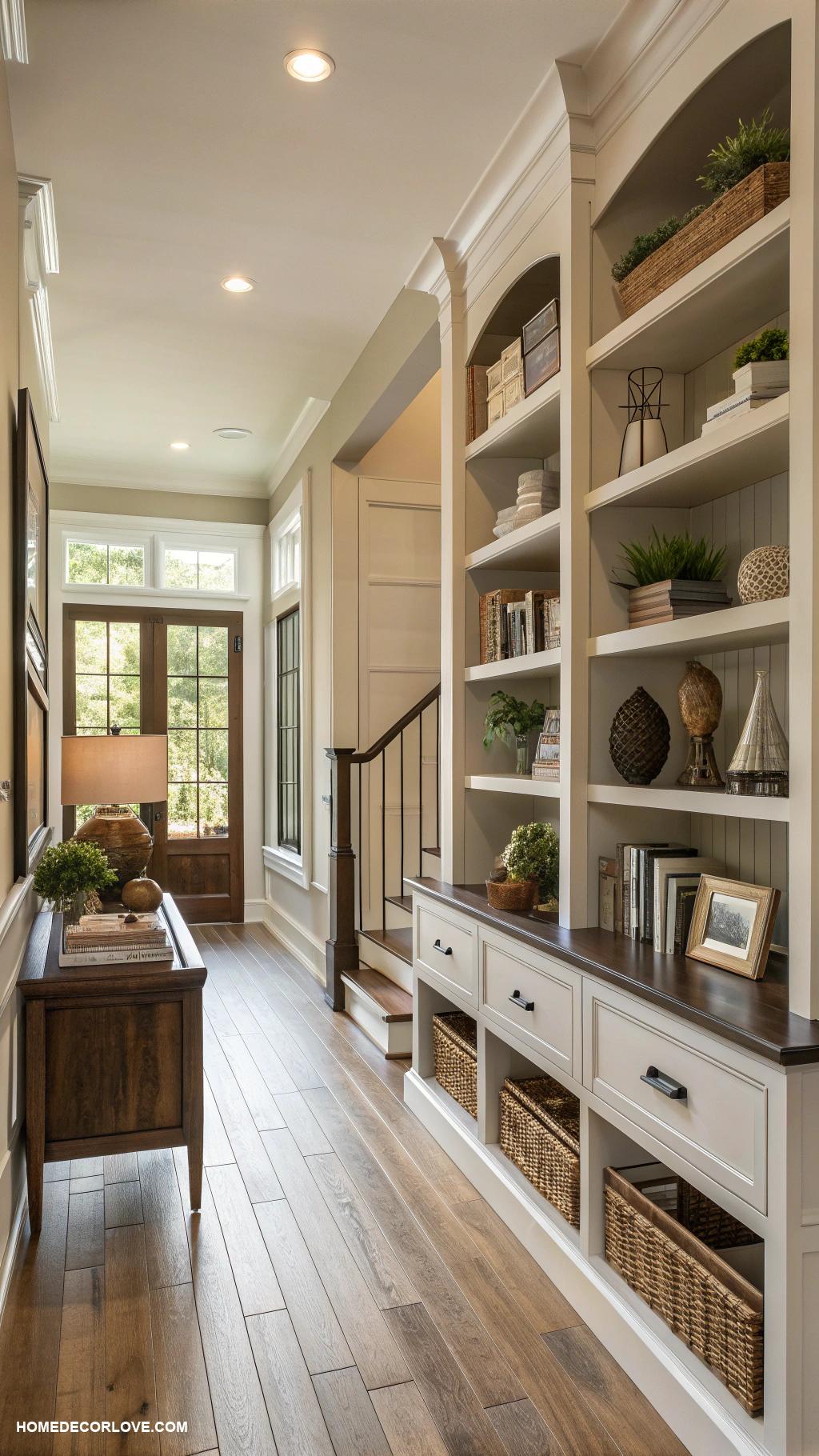 split level entryway Install open shelving for practicality