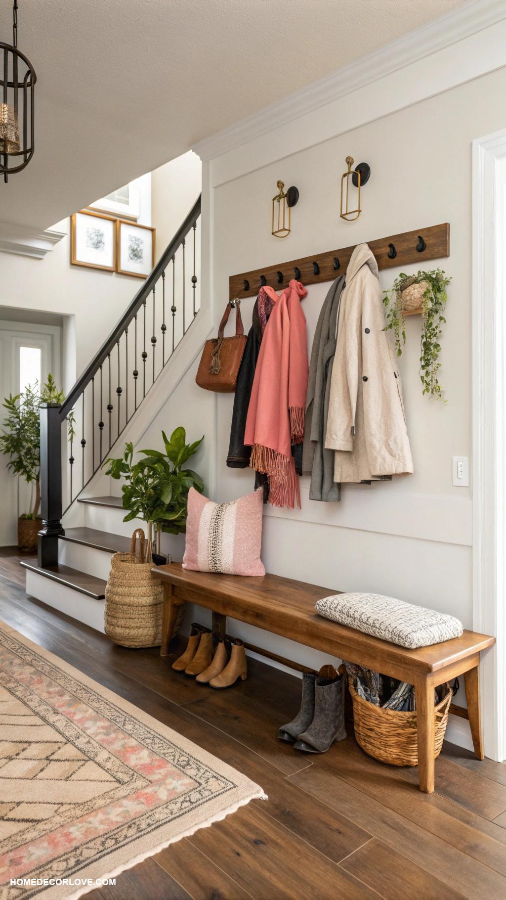 split level entryway Utilize hooks for functional decor