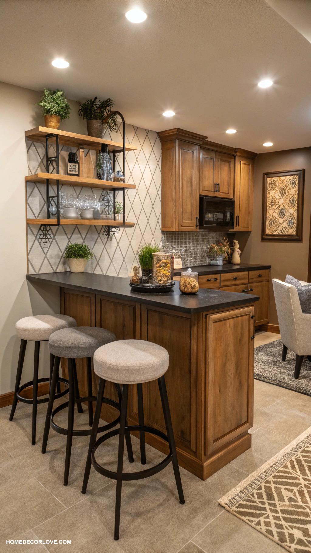 basement kitchenette Cozy seating area with bar stools