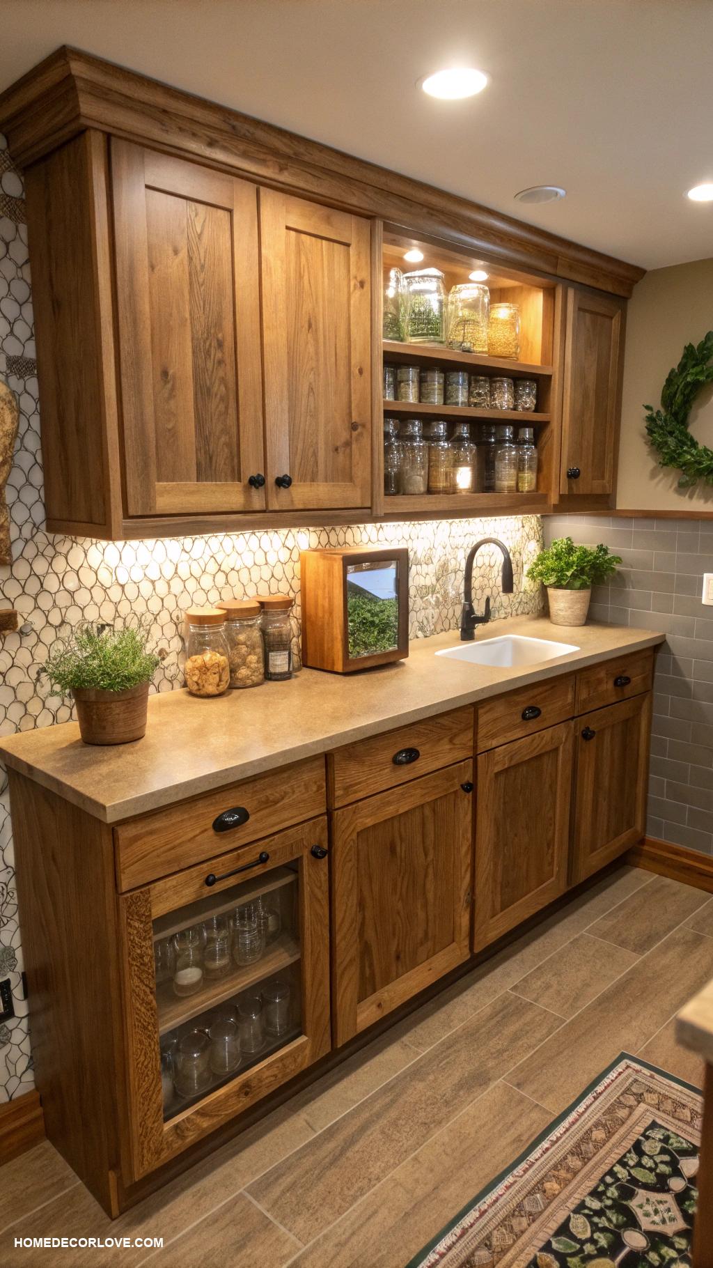 basement kitchenette Natural wood finishes for warmth