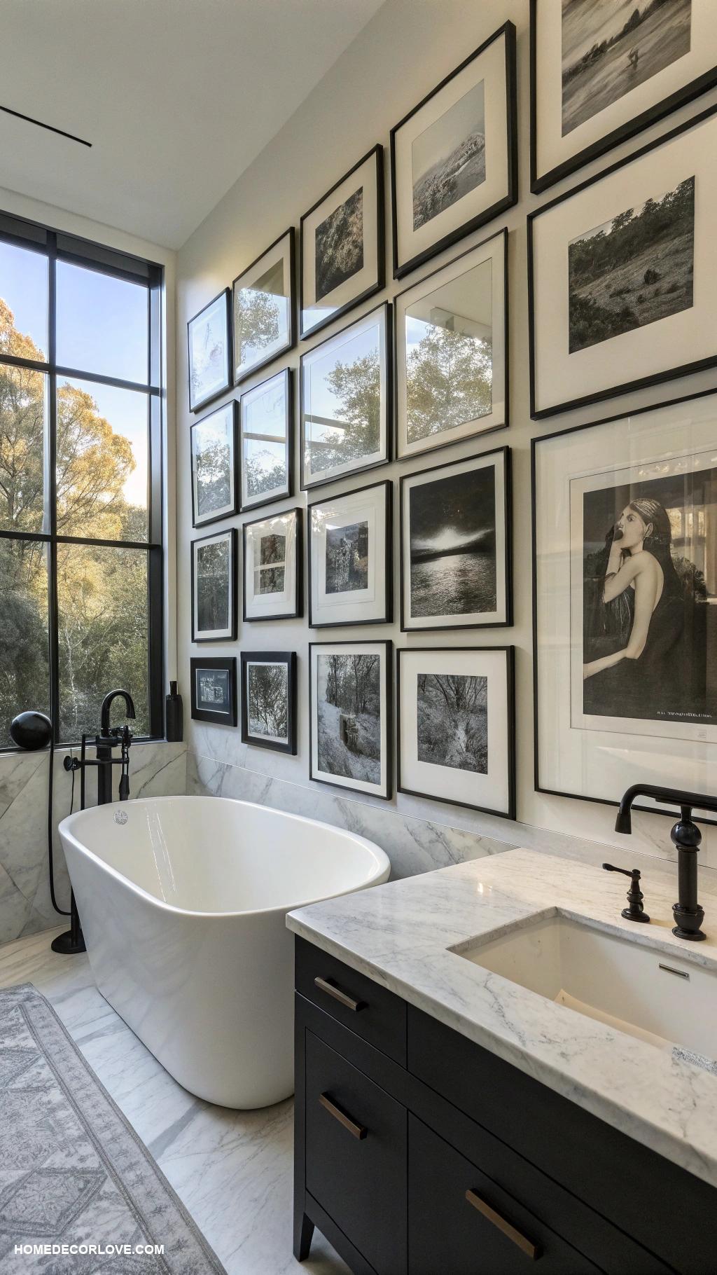 black and white bathroom Black and white photos in frames