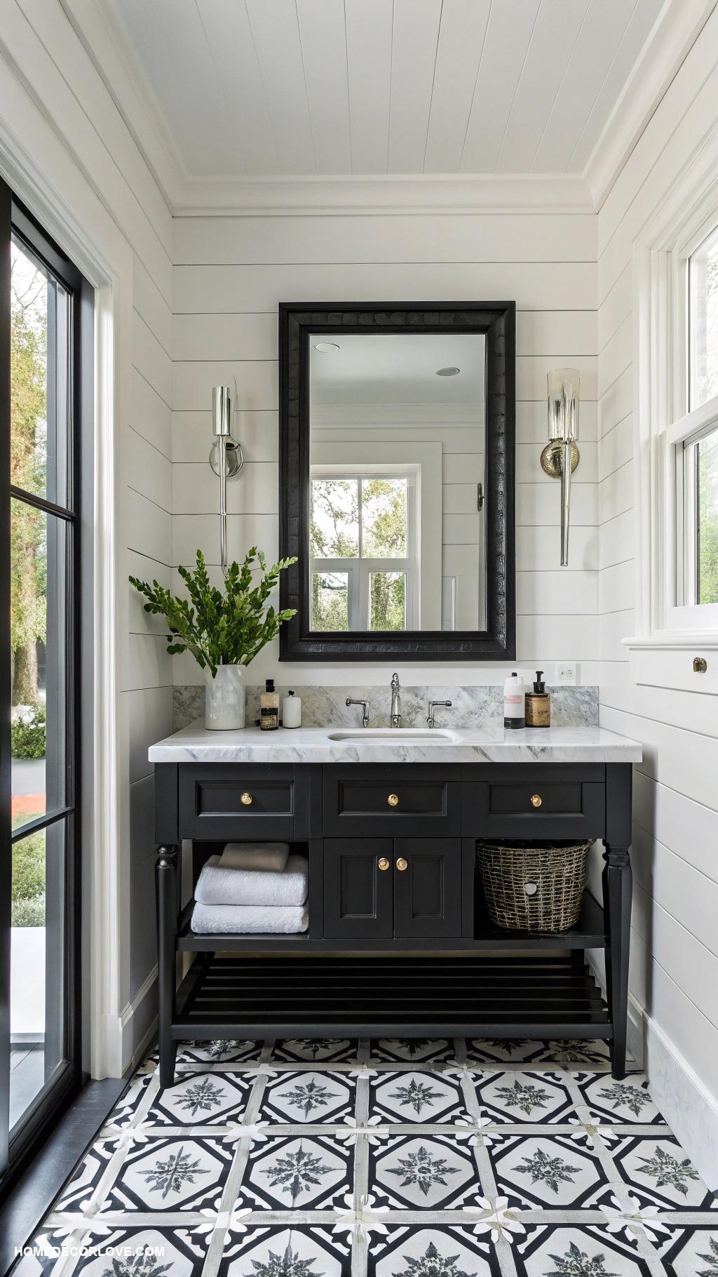 black and white bathroom Black framed mirrors for elegance