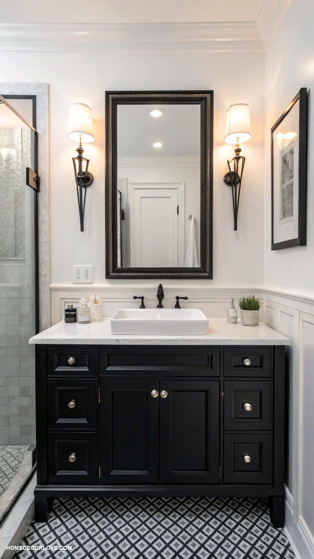 black and white bathroom Black vanity with white sink