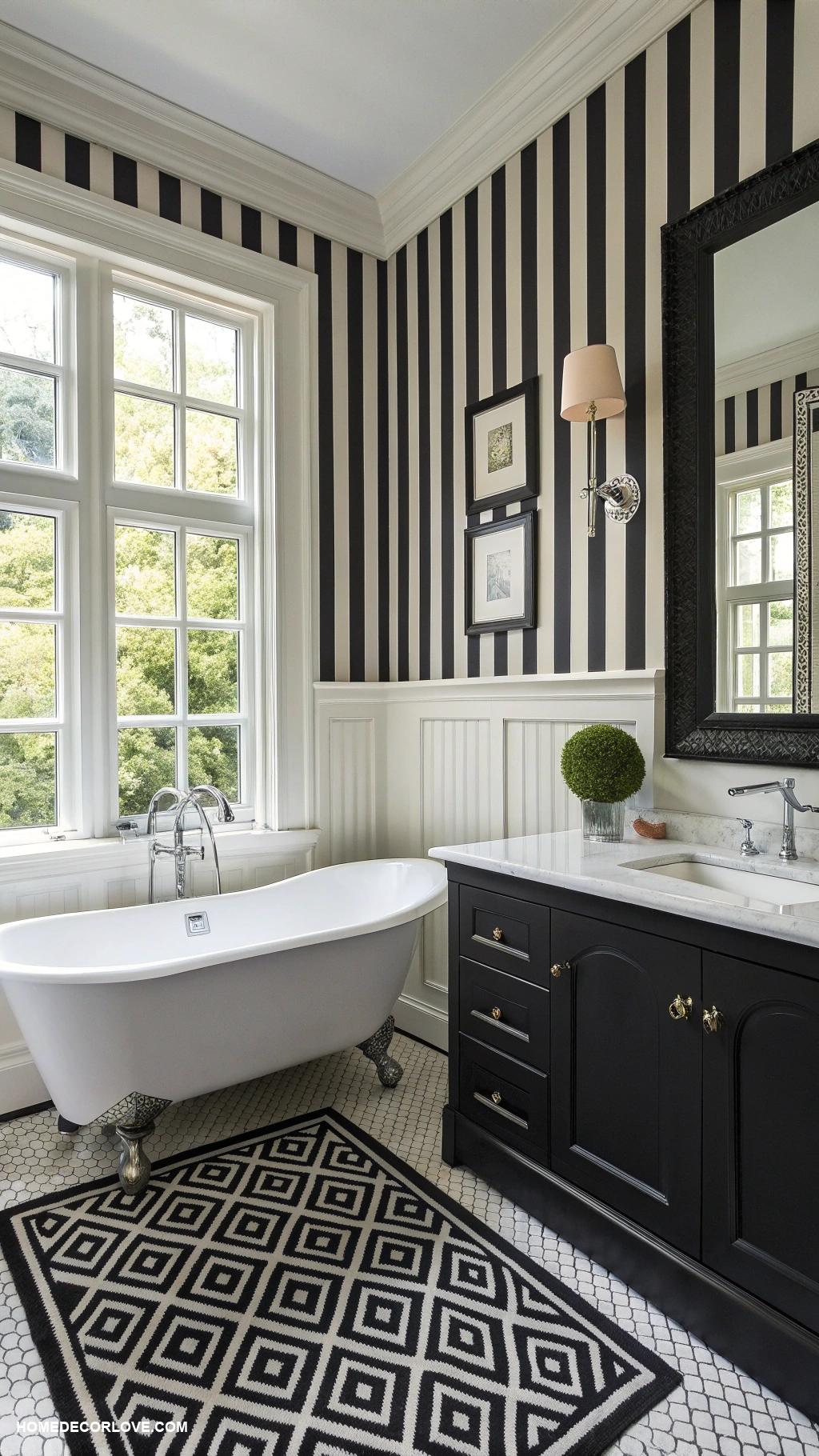 black and white bathroom Classic black and white striped wallpaper