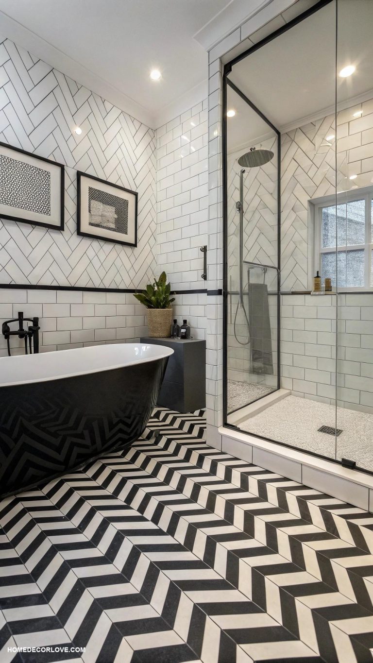 black and white bathroom Monochrome geometric tile patterns