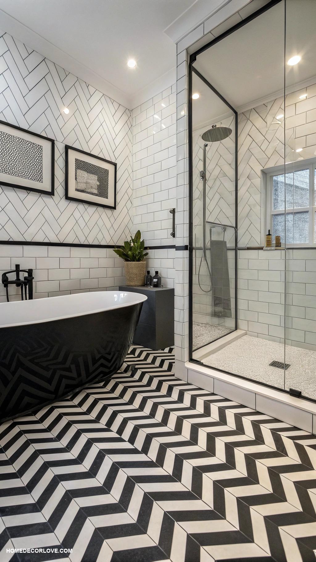 black and white bathroom Monochrome geometric tile patterns