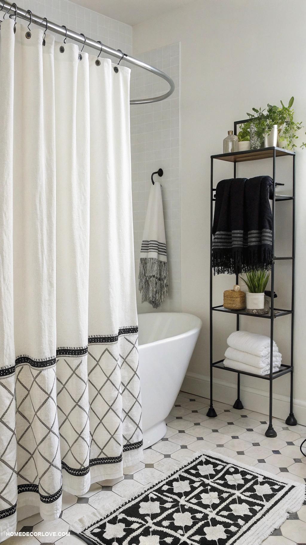 black and white bathroom Textured white shower curtain with black accents