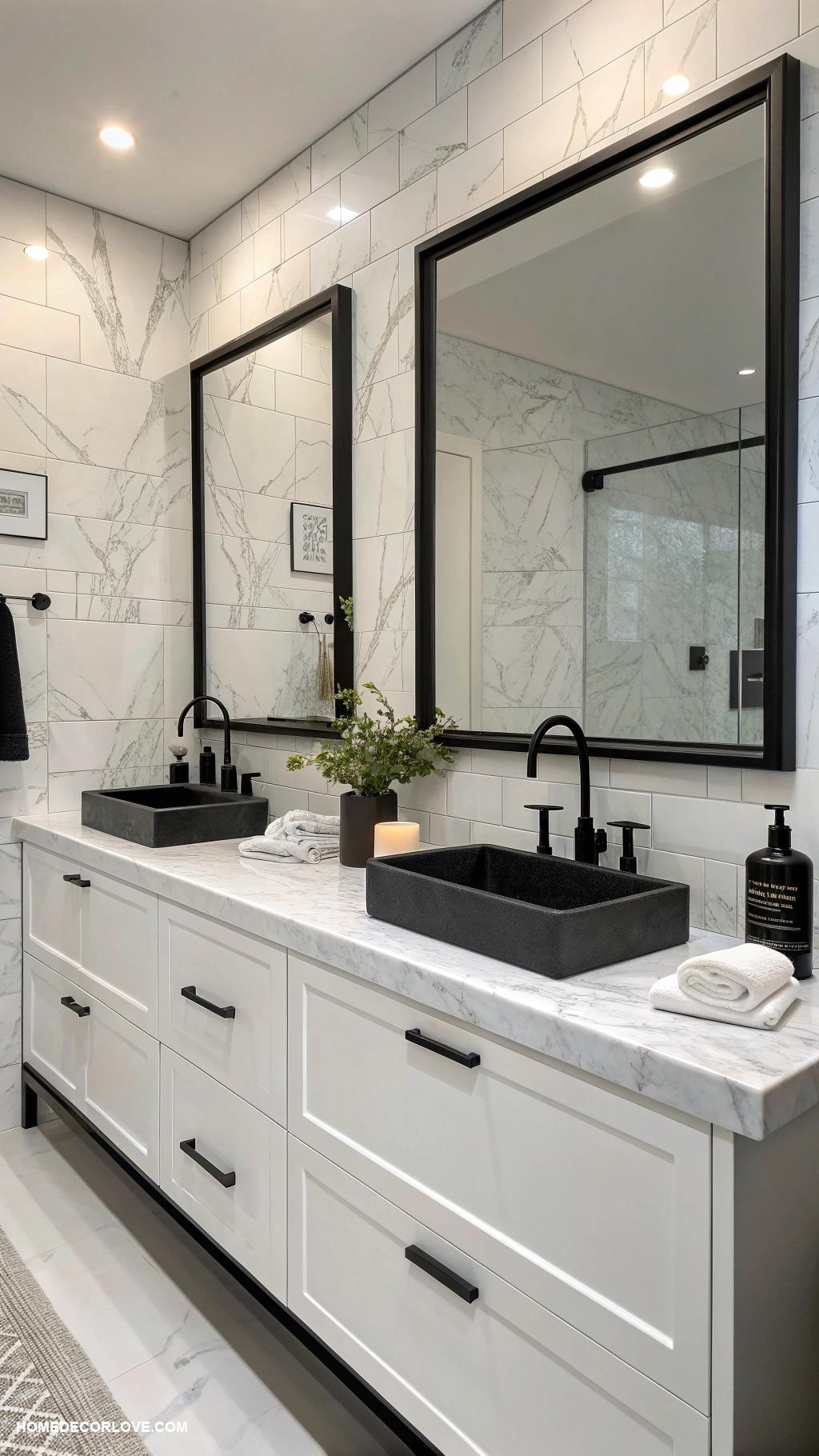 black and white bathroom White marble countertops with black fixtures