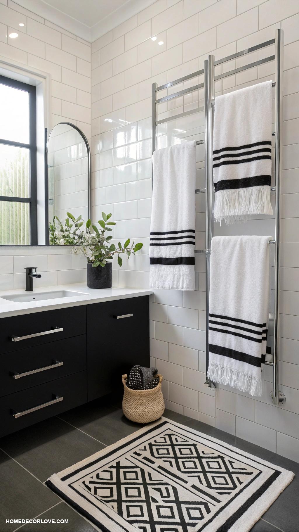 black and white bathroom White towels with black stripes