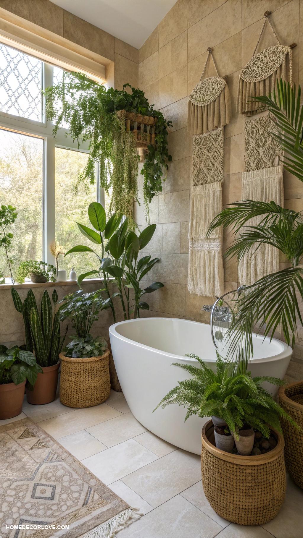boho bathroom Potted plants for greenery and freshness