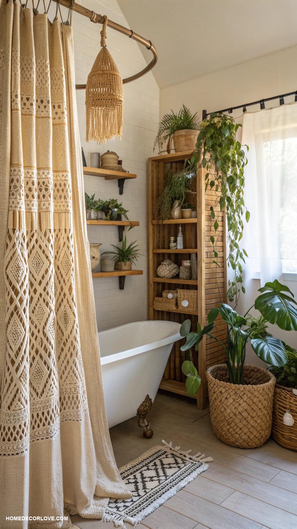 boho bathroom Rattan shower curtain for bohemian touch