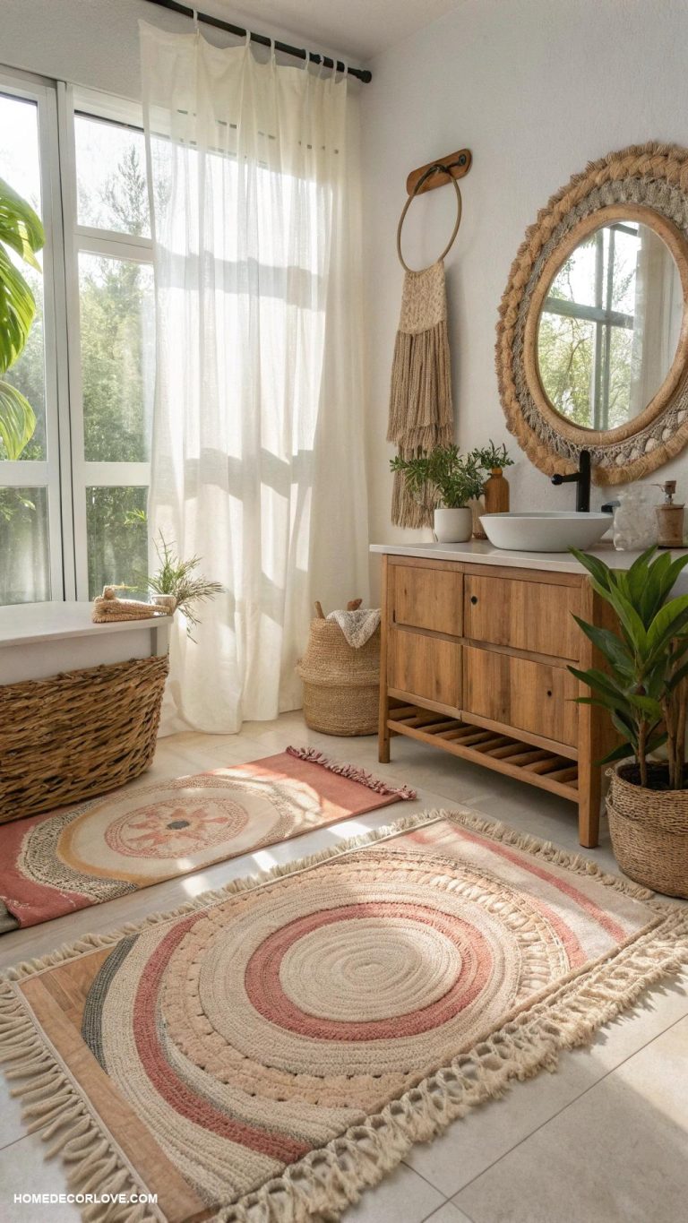 boho bathroom Textured rugs for comfort and style