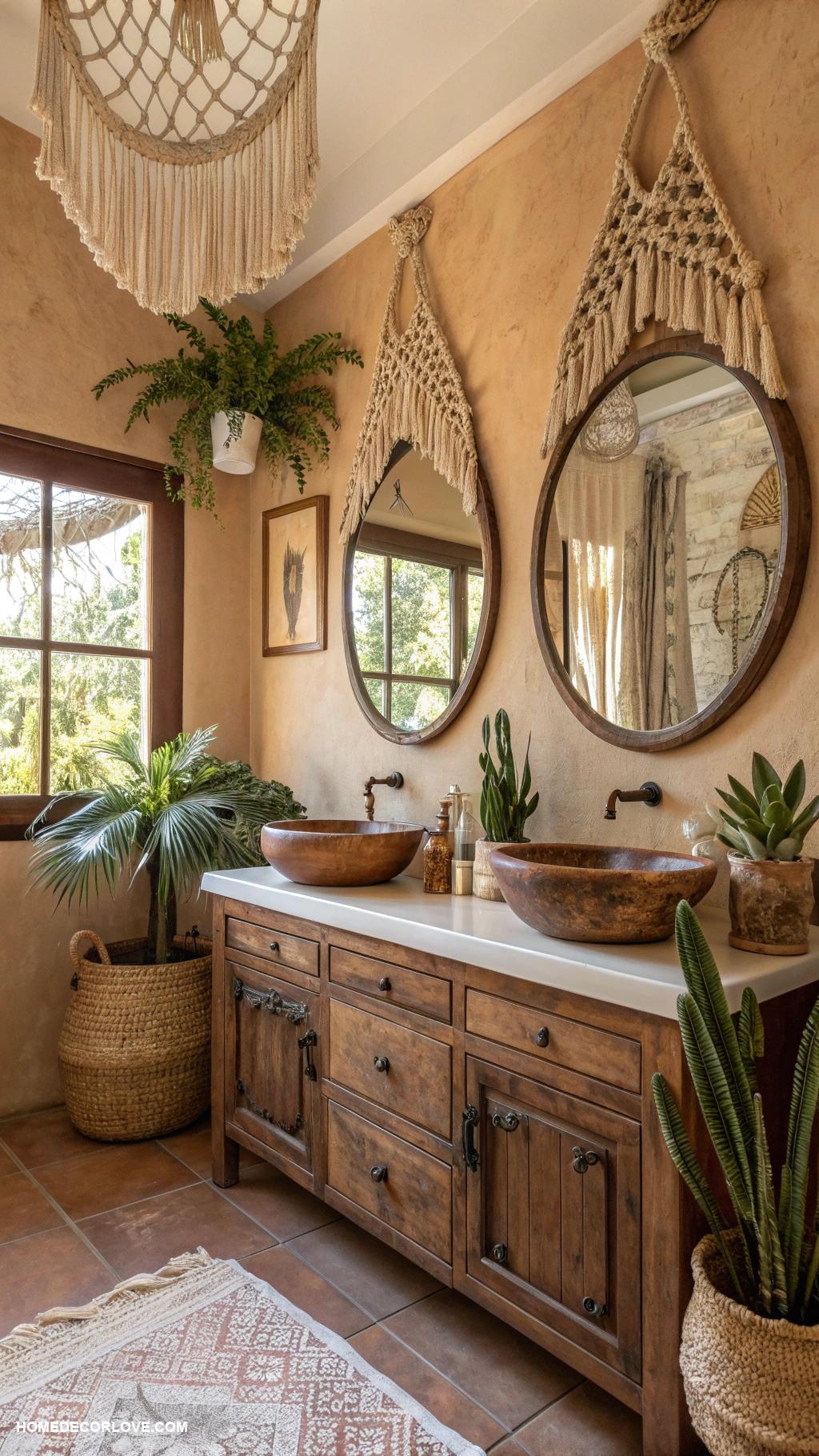 boho bathroom Vintage mirrors to enhance light