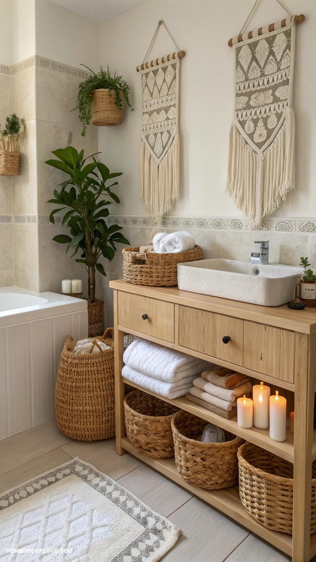 boho bathroom Woven baskets for organization and decor