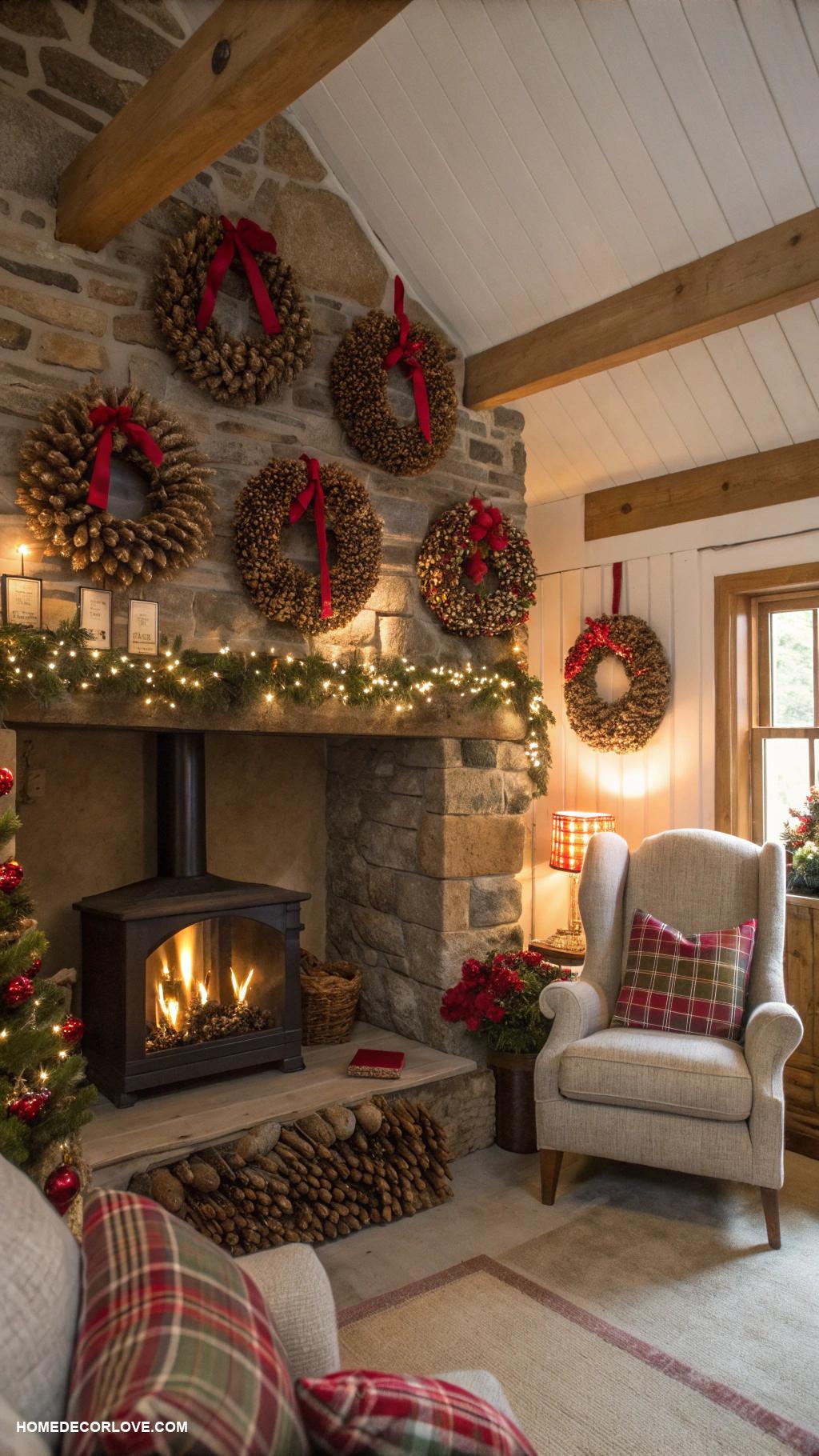 christmas cottage decor Handcrafted wreaths with pinecones