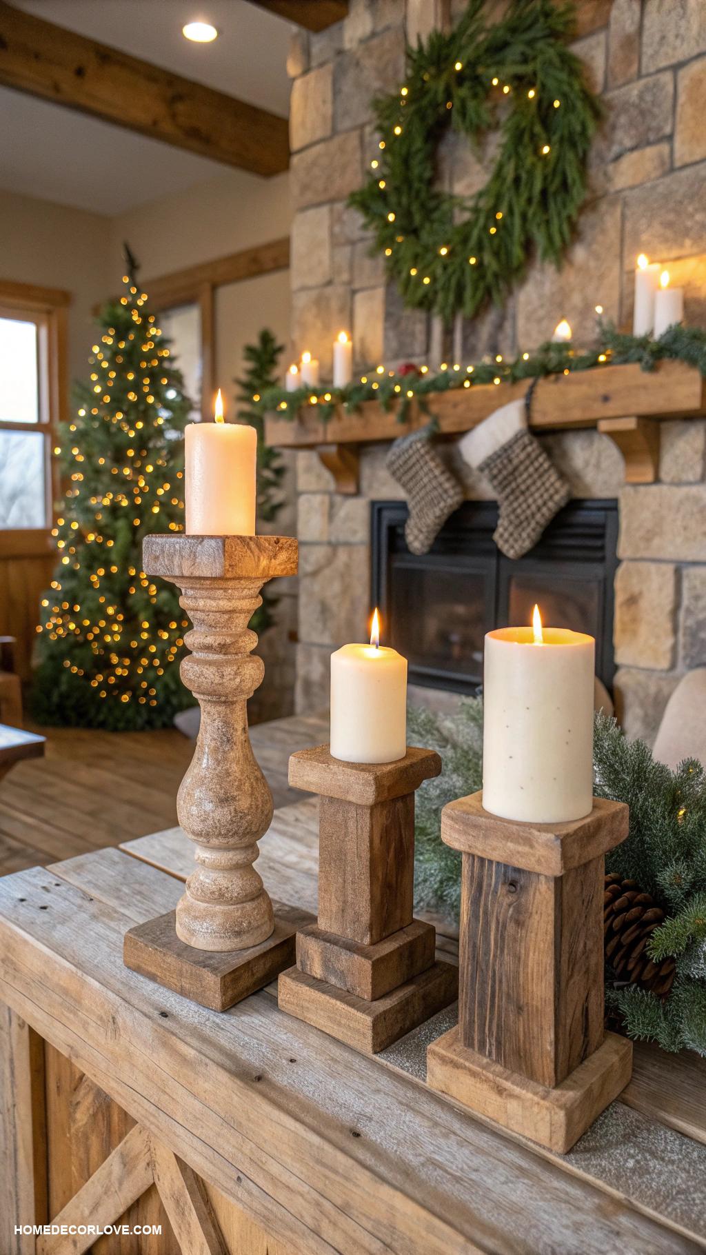 christmas cottage decor Rustic wooden candle holders