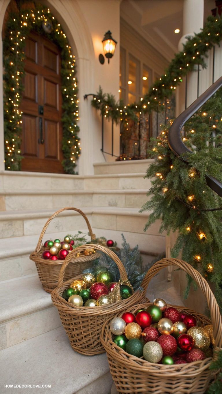 christmas entryway Baskets filled with ornaments