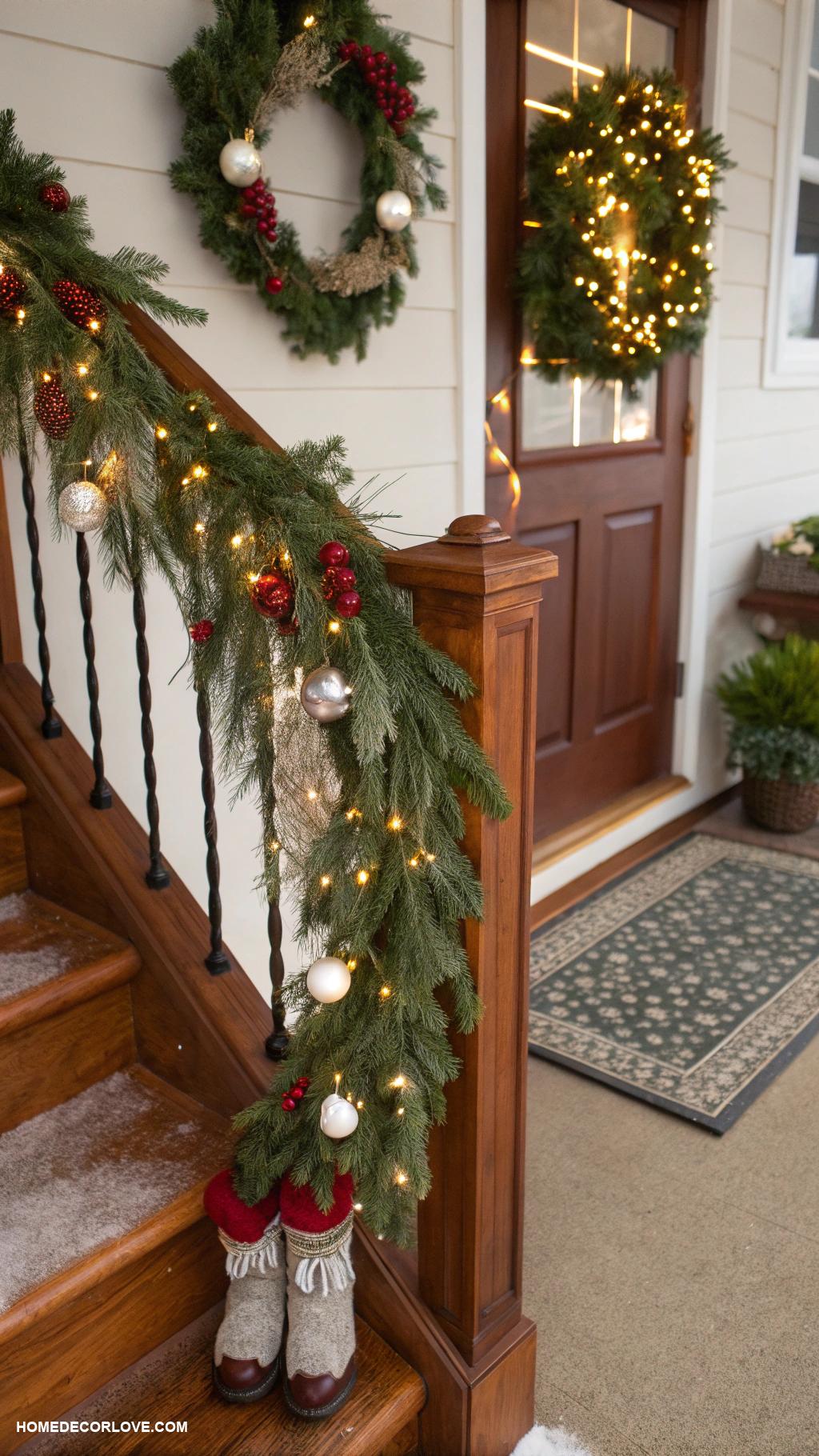 christmas entryway Garland draped over railing