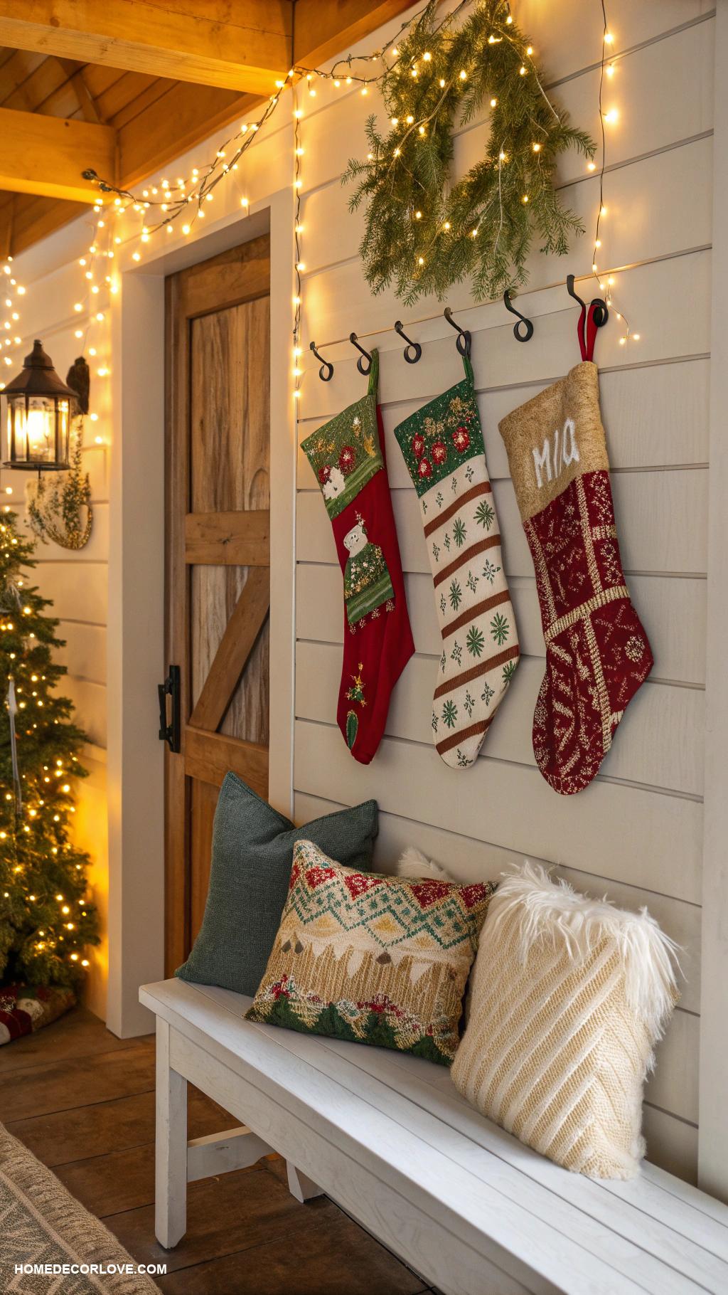 christmas entryway Stockings hung on hooks