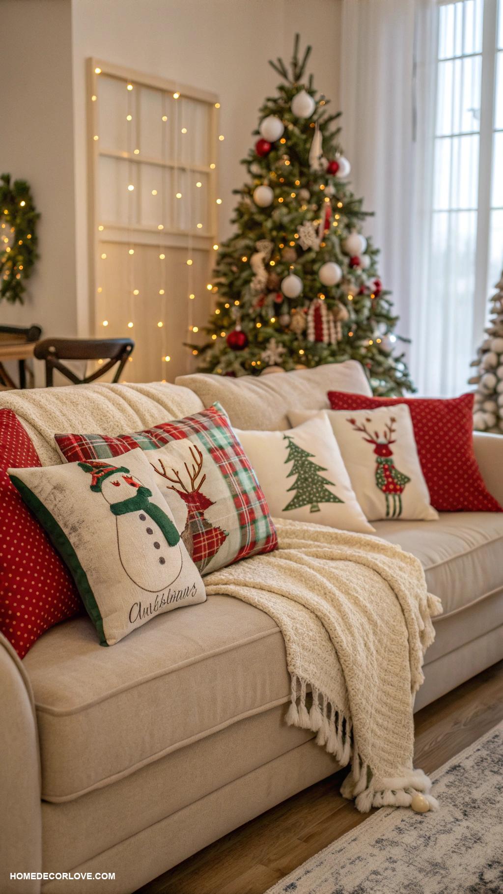 christmas house decor Christmas themed throw pillows on sofas