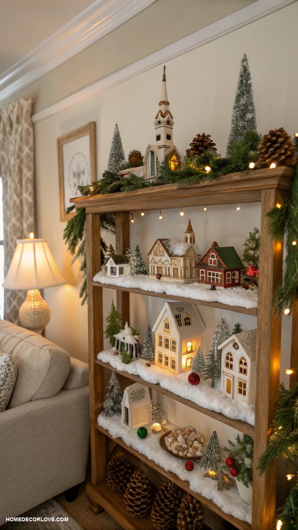 christmas house decor Christmas village display on shelves