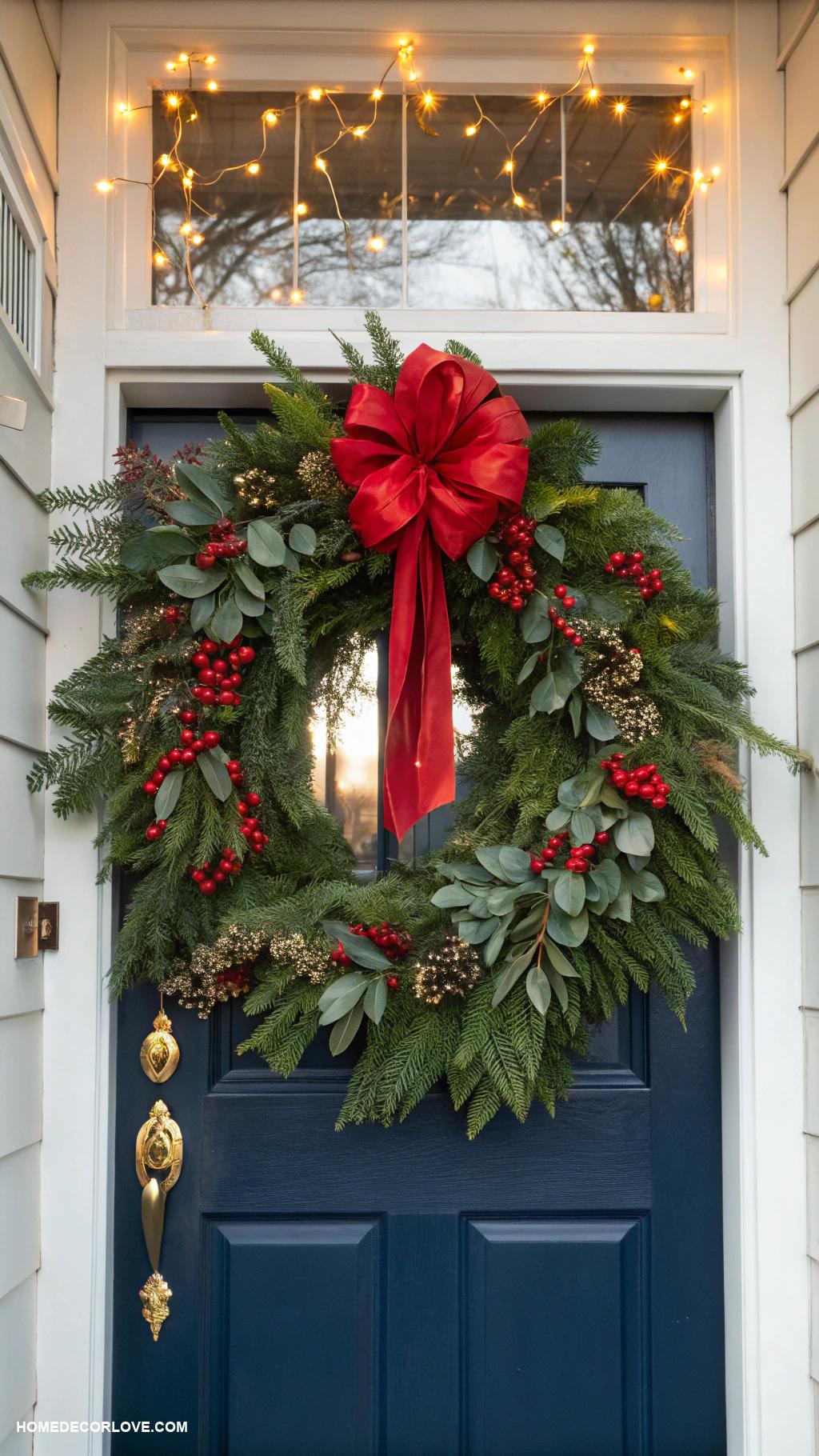 christmas house decor Festive wreath on front door