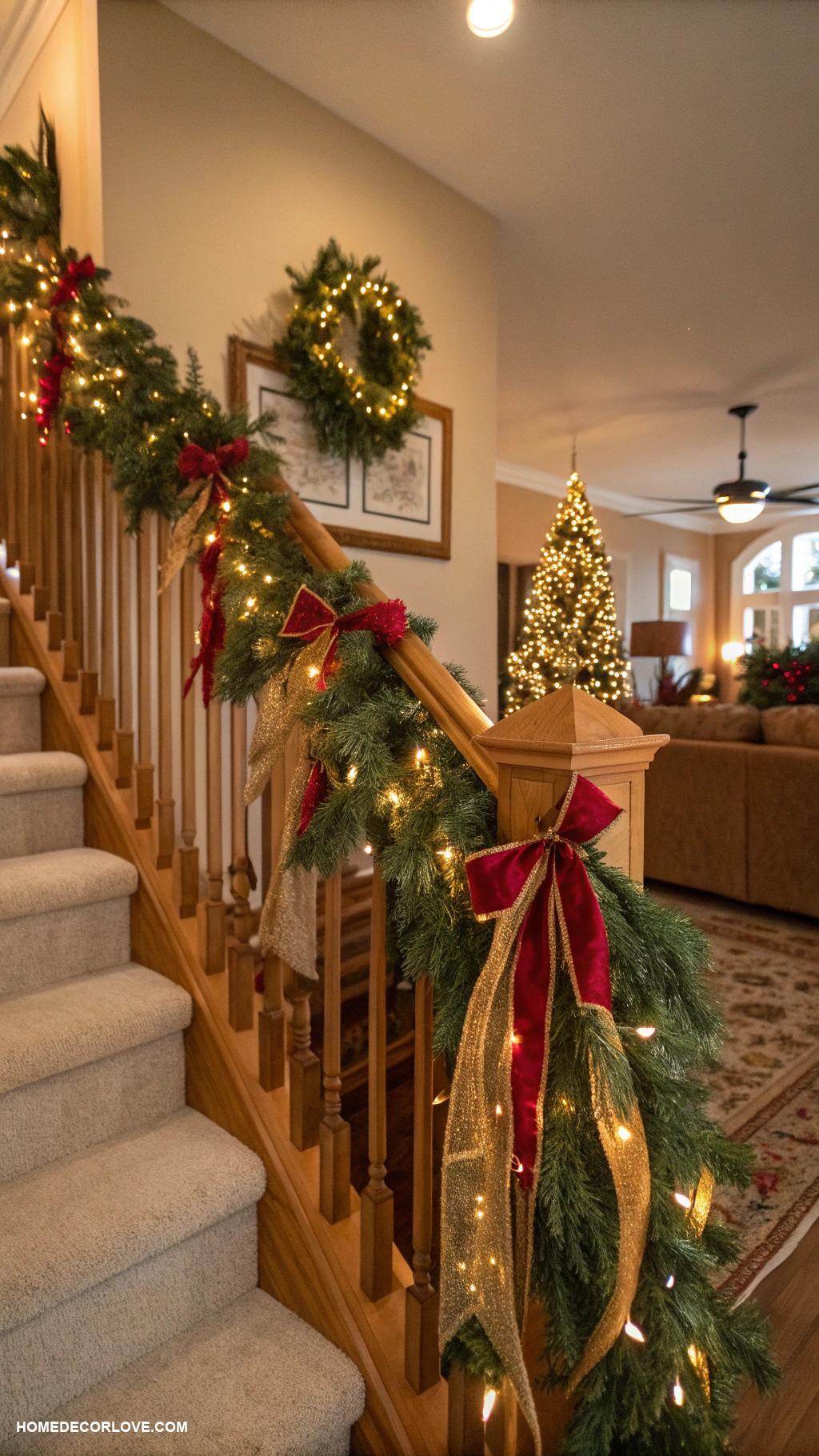christmas house decor Pine garlands along stair railings