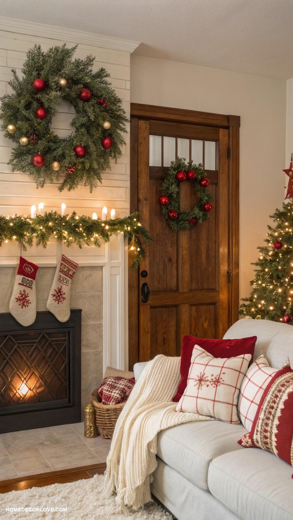 christmas living room ideas Add a stylish themed wreath on the door