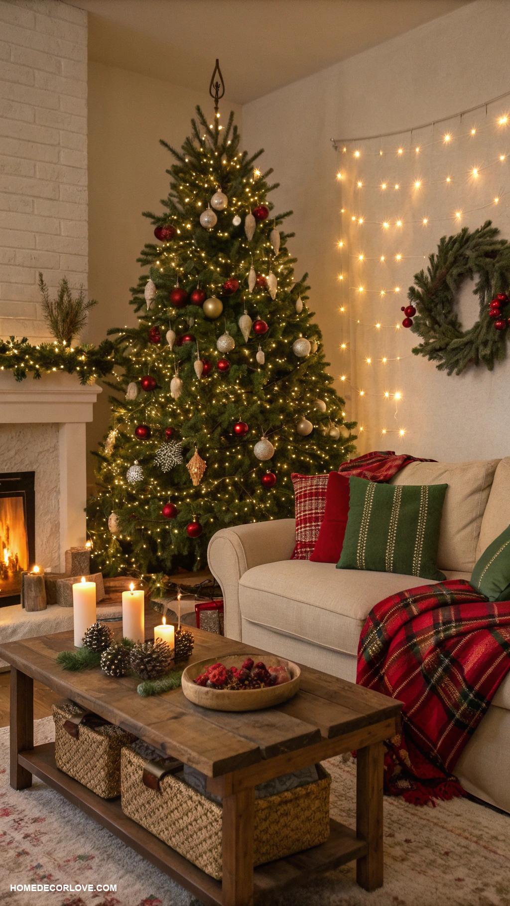 christmas living room ideas Add string lights for a cozy glow