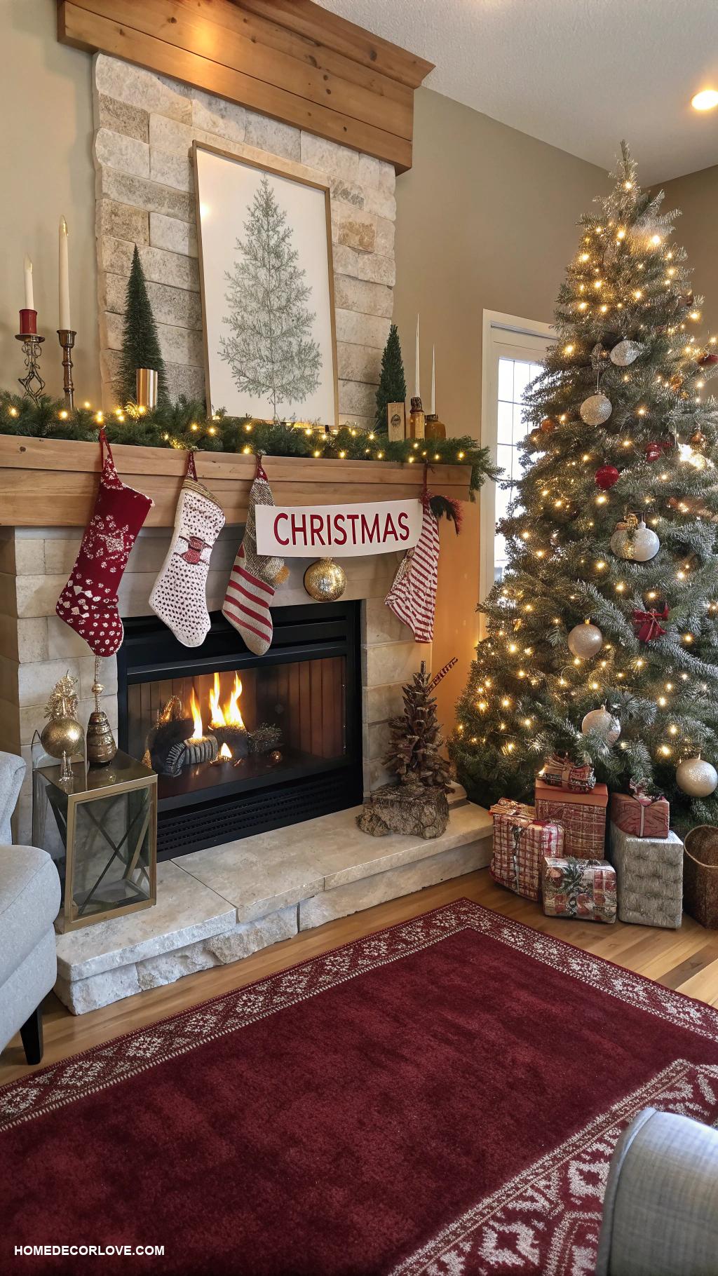 christmas living room ideas Hang stockings by the fireplace