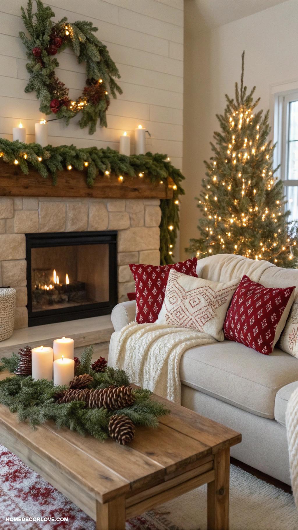 christmas living room ideas Incorporate natural elements like pinecones