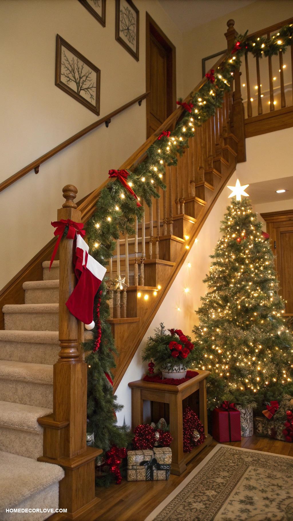 christmas staircase ideas Add fairy lights to the balustrade