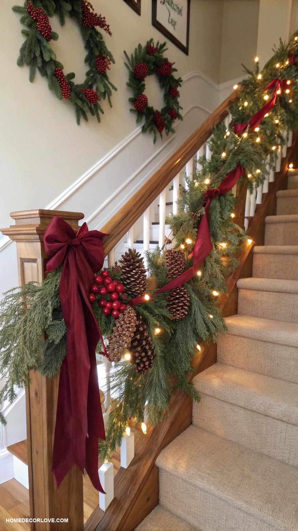 christmas staircase ideas Decorate with pinecone and berry accents