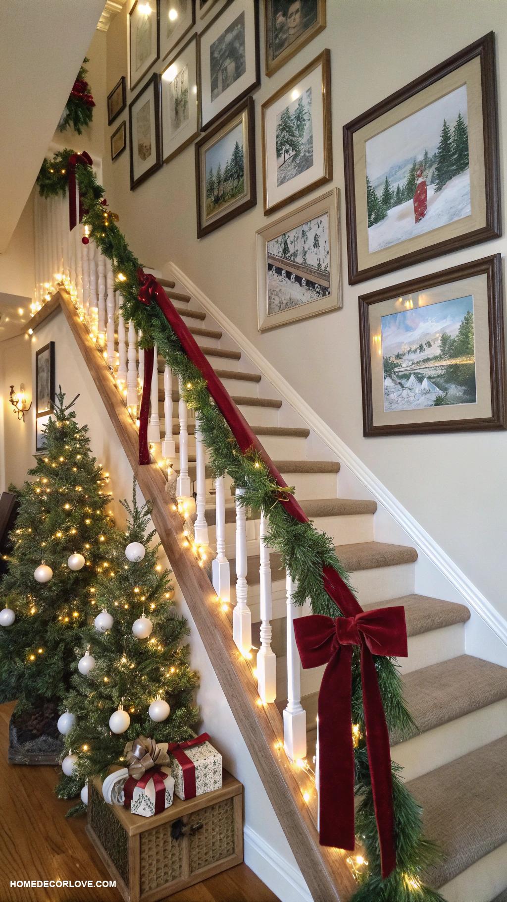 christmas staircase ideas Display festive pictures along the steps