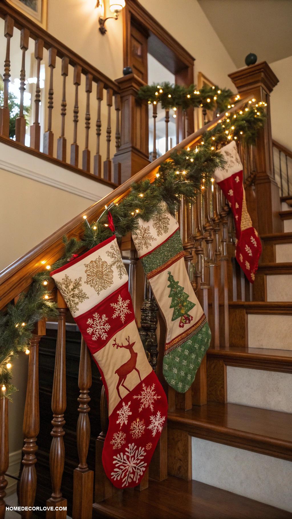christmas staircase ideas Hang oversized stockings on the staircase