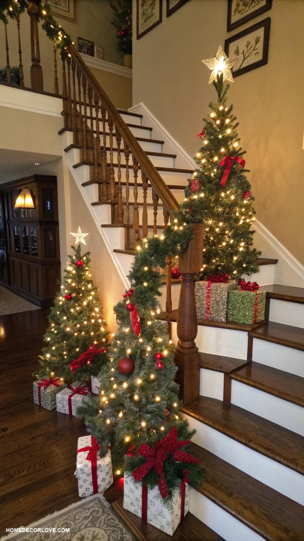 christmas staircase ideas Integrate small Christmas trees along the staircase