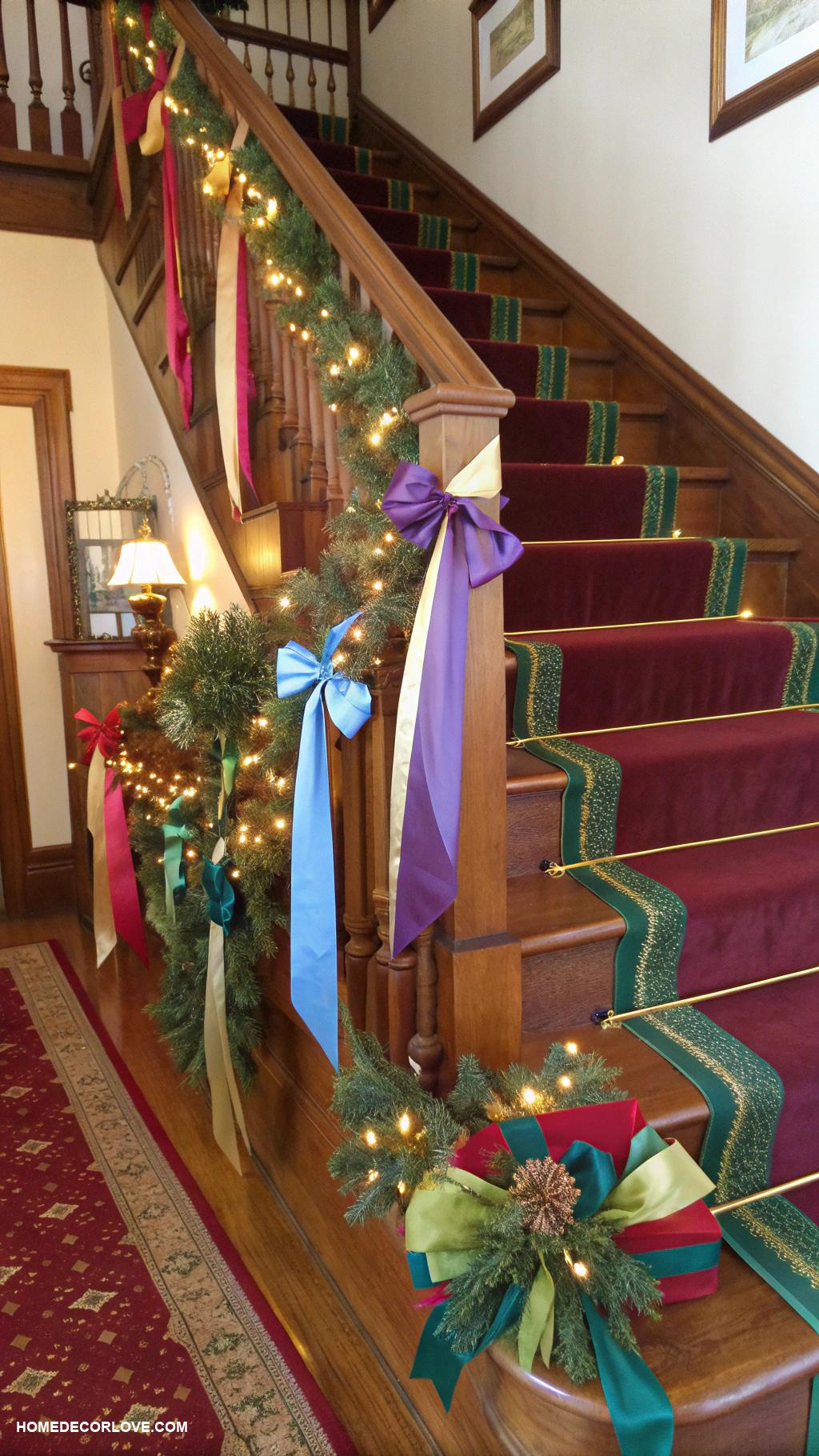 christmas staircase ideas Use colorful ribbon for a festive touch