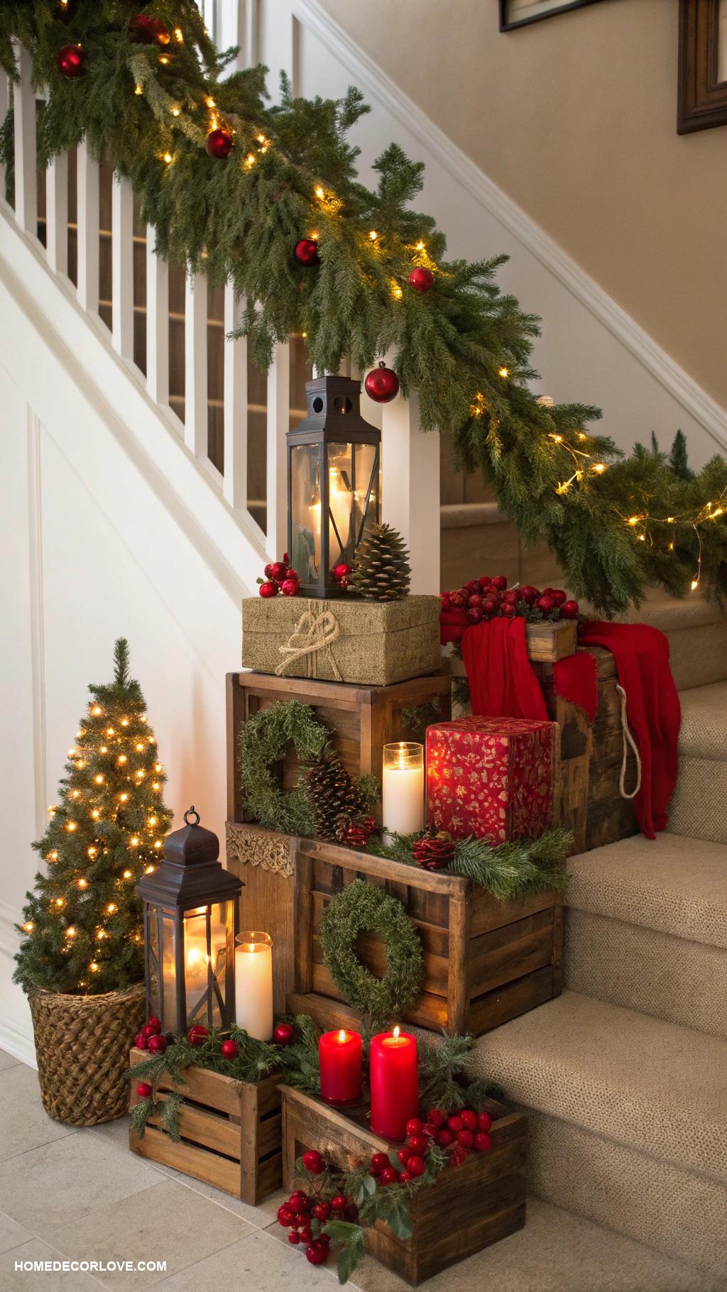 christmas staircase ideas Use decorative crates for added height