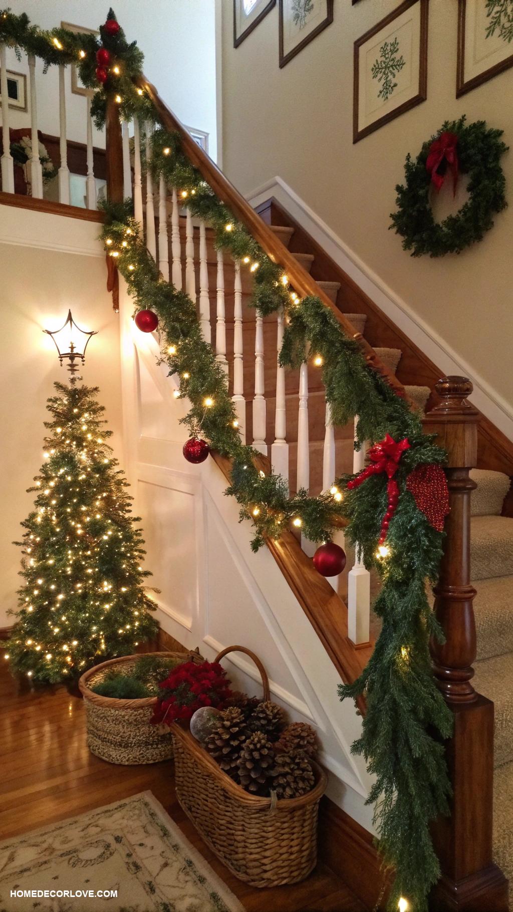 christmas staircase ideas Wrap garlands around the handrail