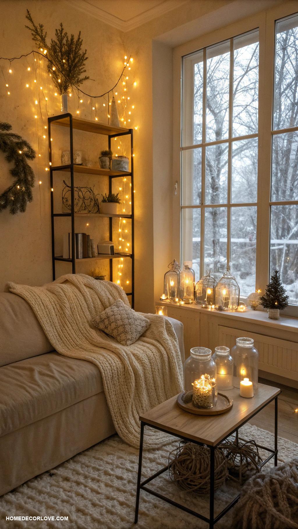 cozy christmas apartment Fairy lights in glass jars