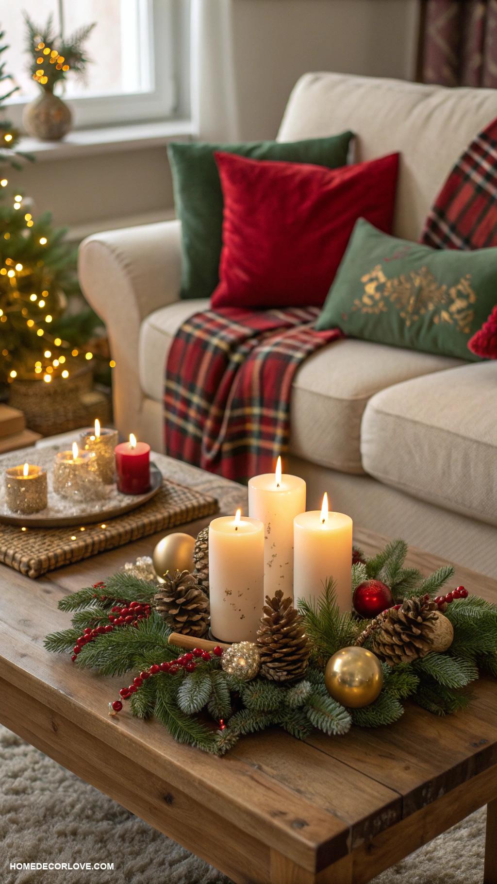 cozy christmas apartment Pine scented candles on the table