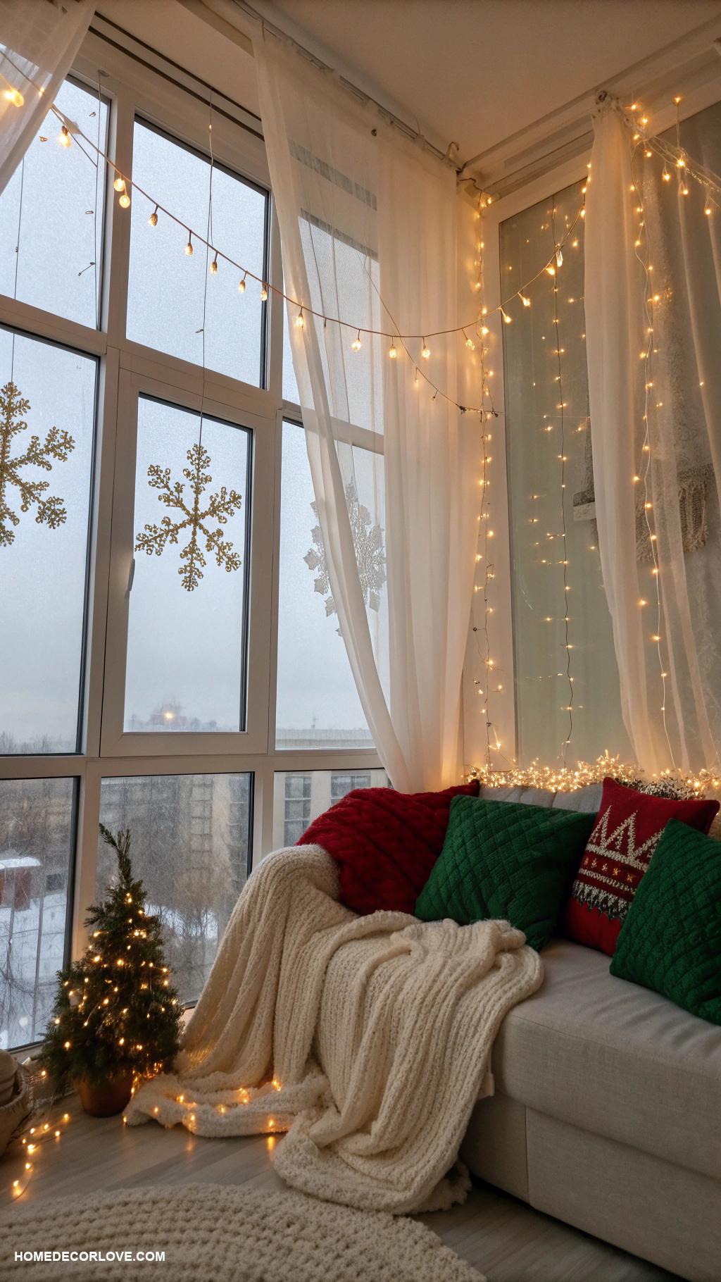 cozy christmas apartment String lights draped across windows
