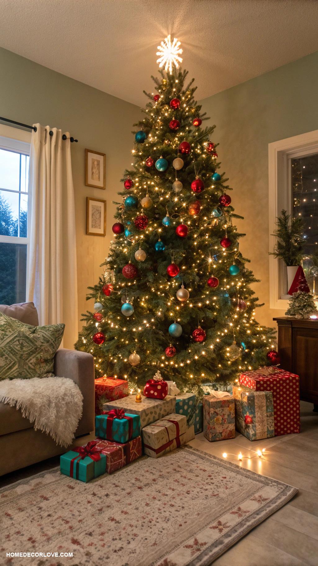 cozy christmas living room Christmas tree with colorful ornaments